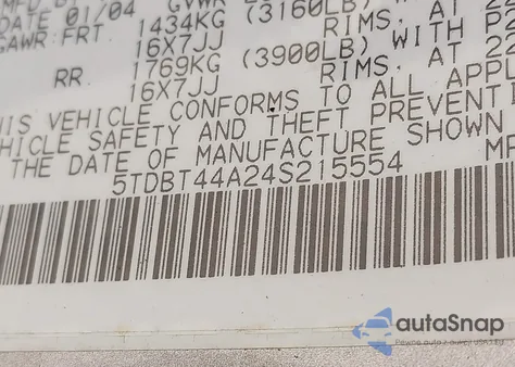 2004 Toyota Sequoia Sr5 V8 from USA, damaged, VIN 5TDBT44A24S215554